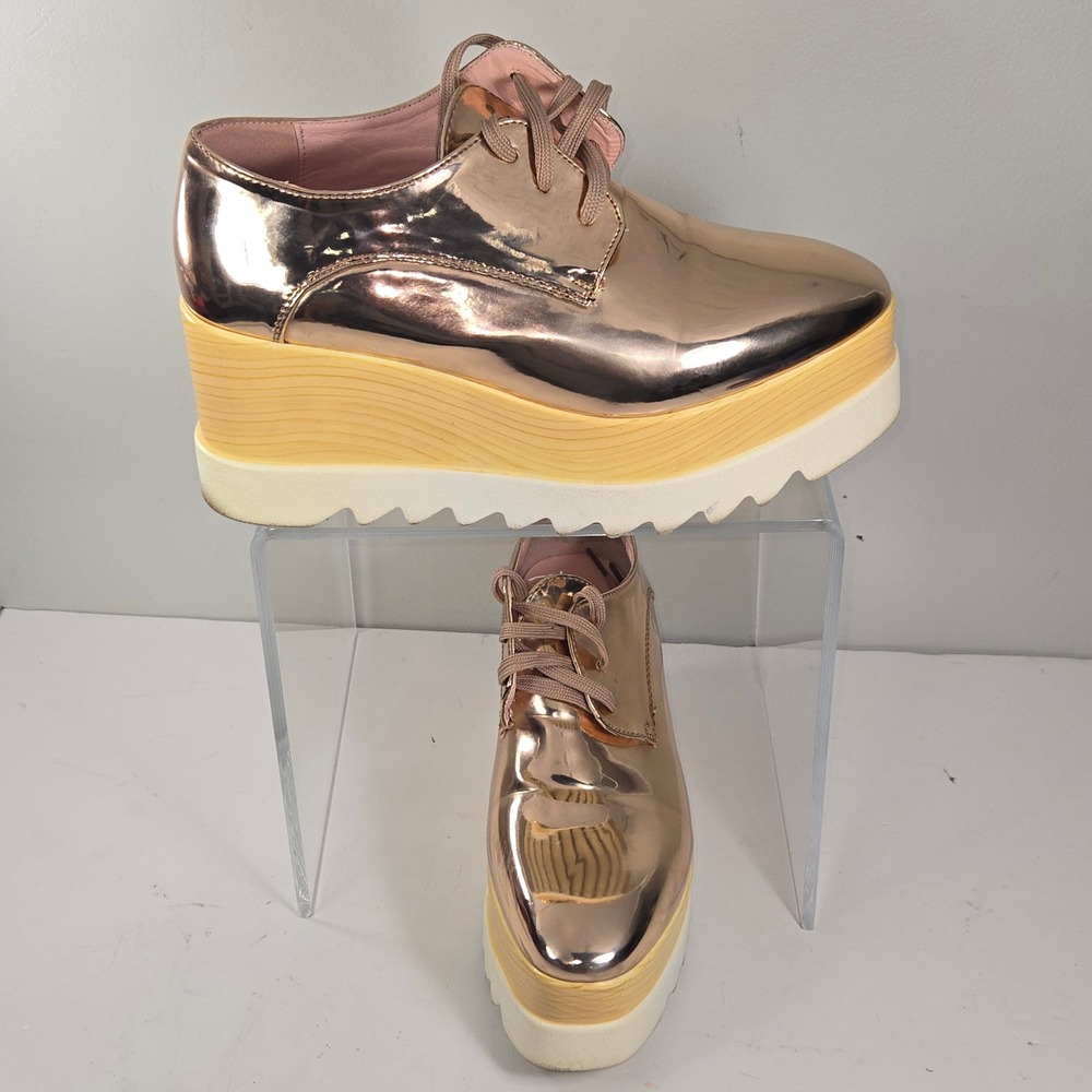 Via Pinky Rose Gold Metallic Platform Wedge Oxfords Size 37 Shark Tooth Sole